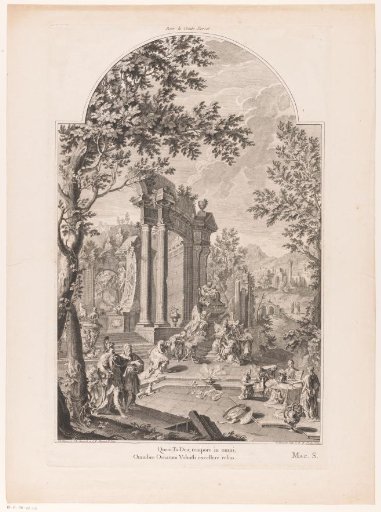 Figures around an allegorical monument to Charles Sackville, 6th Earl of Dorset