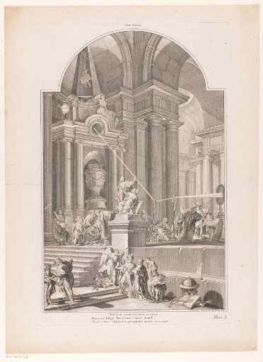 Figures around an allegorical monument to Isaac Newton