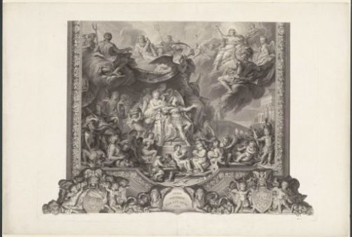 Ceiling painting in the Grande Galerie of Versailles with Louis XIV, King of France, surrounded by allegorical and mythological figures