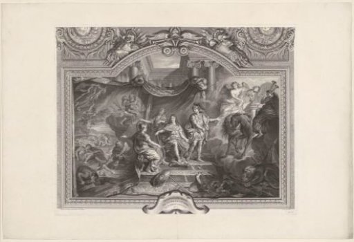 Ceiling painting in the Grande Galerie of Versailles with Louis XIV, King of France, between Mars and Minerva