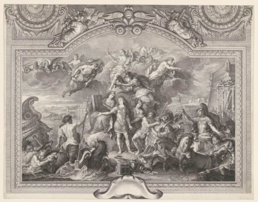 Ceiling painting in the Grande Galerie of Versailles with Louis XIV, King of France, between Neptune and Mars