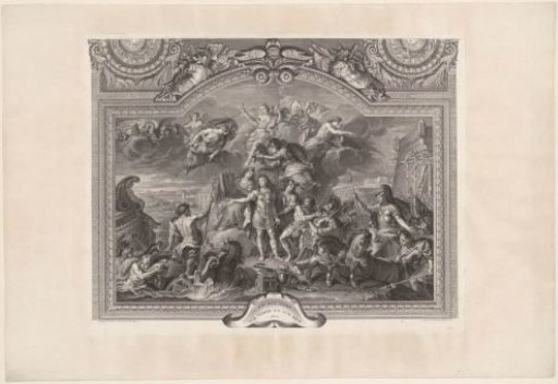 Ceiling painting in the Grande Galerie of Versailles with Louis XIV, King of France, between Neptune and Mars