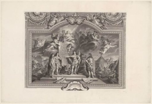 Ceiling paintings in the Grande Galerie of Versailles with Louis XIV, King of France, ordering an attack on the Netherlands