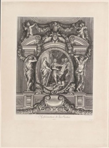 Louis XIV and Justitia revealing judicial reforms to his magistrates