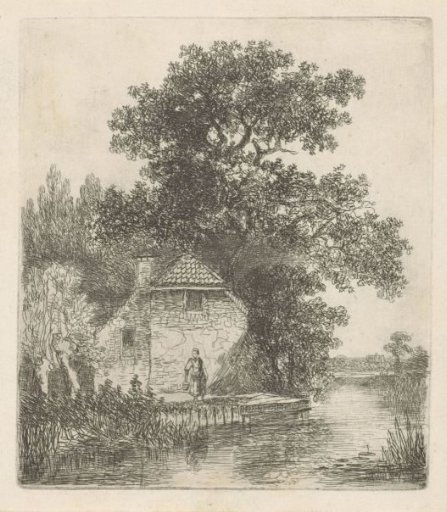 Woman in front of a farmhouse by the water