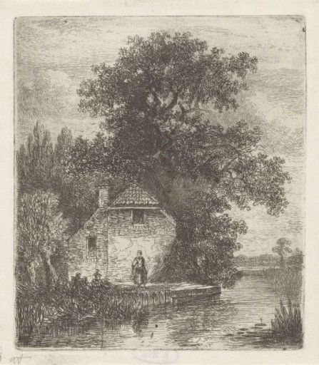 Woman in front of a farmhouse by the water