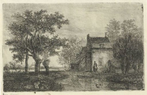 Woman with a basket in front of a farmhouse by the water