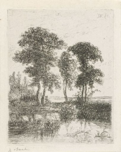 Figure by a tree on the water's edge