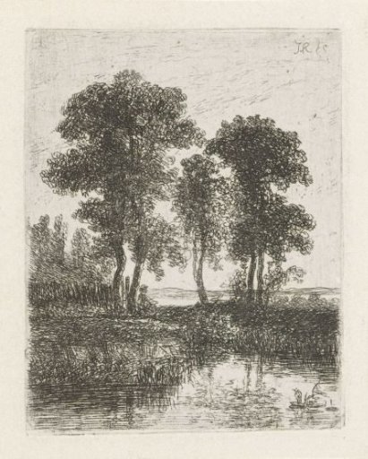 Figure by a tree on the water's edge