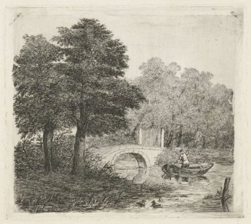 Man in a boat by a stone bridge