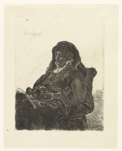 The artist's mother seated at a table, looking right: three quarter length