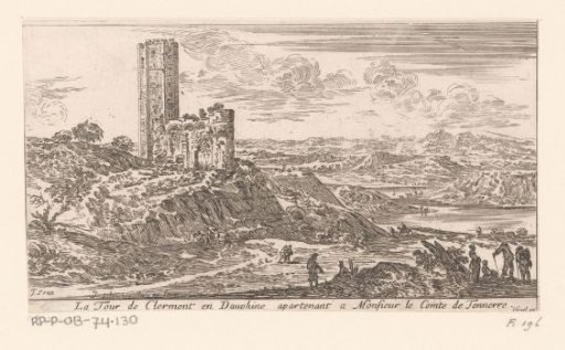 Mountain landscape with the tower of Château de Clermont
