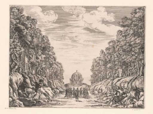 Stage decoration with a temple and a group of dancers in front