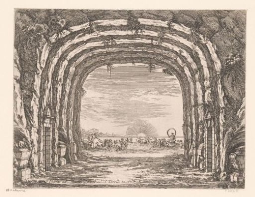 Stage decoration with a view of the sea from a grotto, with various figures on the sea