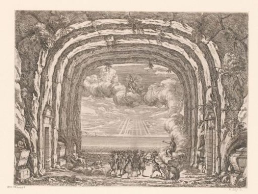 Stage decoration with a view of the sea from a grotto, with a group of dancers in the foreground