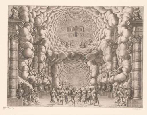 Stage decoration with a colonnade filled with clouds, representing Olympus