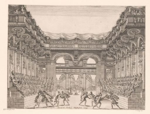 Stage decoration with a gladiatorial combat in an arena