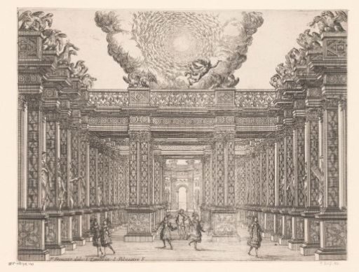 Stage decoration with figures in a colonnade with eagles, and a cloud tunnel in the sky above