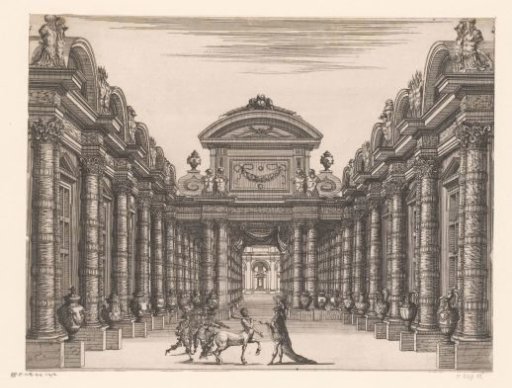 Stage decoration with dancers and a centaur in a colonnade