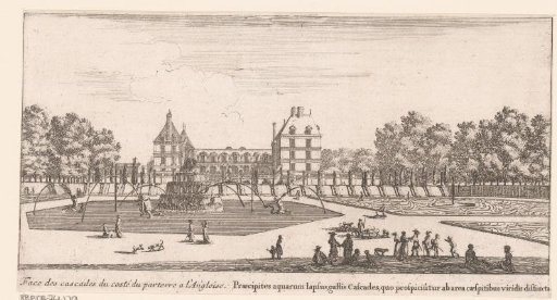 View of English parterres with large fountain and waterfalls