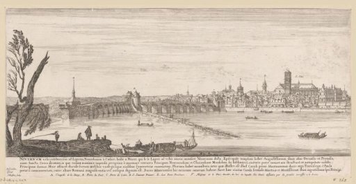 Profile of the city of Nevers with a tree in the foreground on the left
