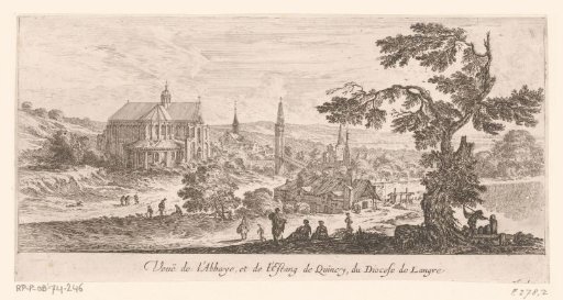 View of the Abbey of Quincy with a pond on the right