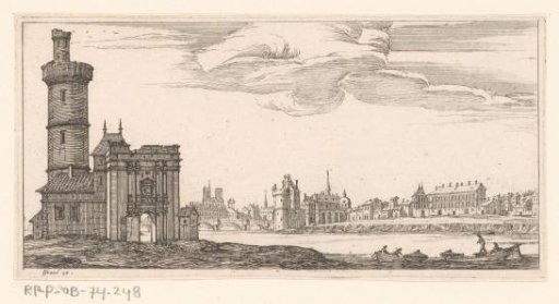 View of Paris with the Seine in front, a city gate on the left