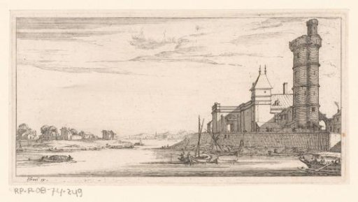 View of the Seine with a city gate on the bank on the right