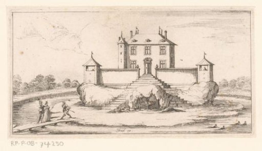House surrounded by moat and walls with watchtowers