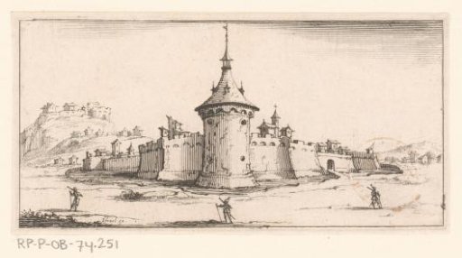 View of a walled city with three soldiers on guard in front