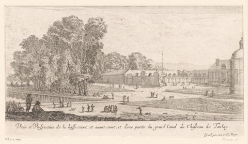 View of the forecourt and courtyard of the castle of Tanlay, with the canal to the left in the foreground