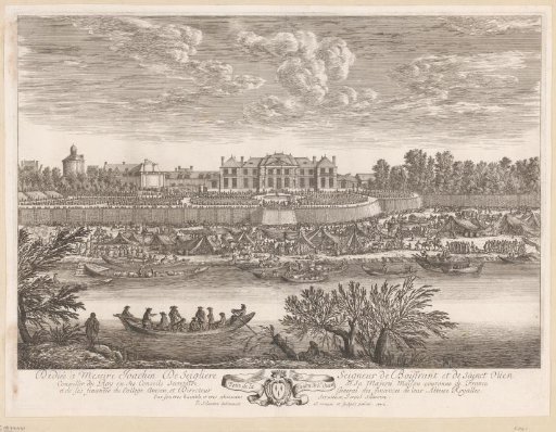 View of the castle of Saint-Ouen with a tent camp on a river in front