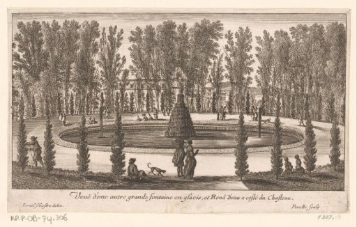 View of a fountain in a round basin, with the Château of Rueil in the background