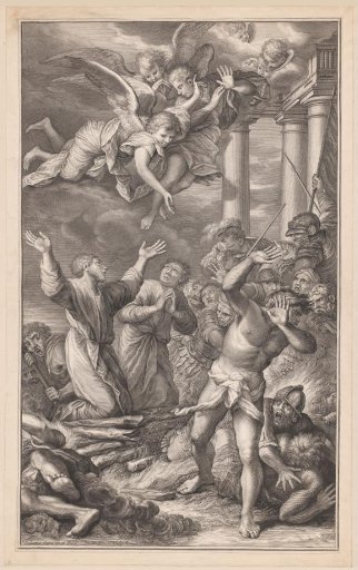 Cosmas and Damian on the Pyre, Surrounded by Soldiers and Angels