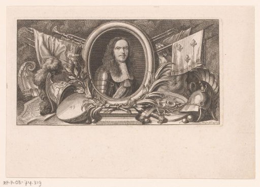 Portrait of a military commander in an oval surrounded by helmets, banners and other military attributes