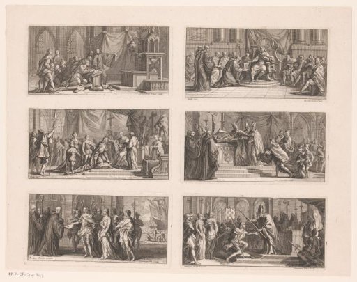 Untrimmed sheet with six scenes from the history of the Abbey of Saint-Denis