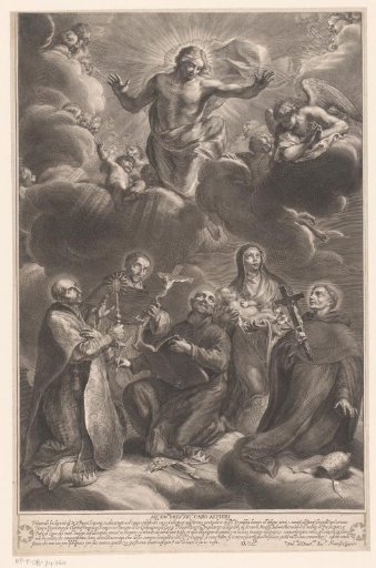 Five saints adore Christ, who appears above them in heaven surrounded by angels