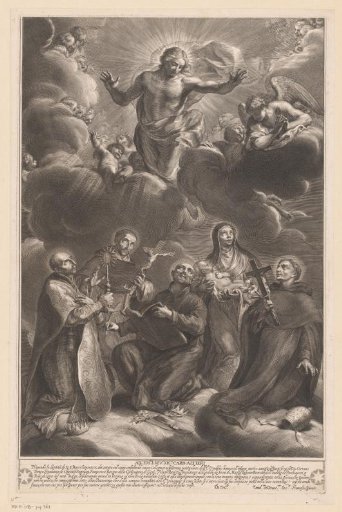Five saints adore Christ, who appears above them in heaven surrounded by angels