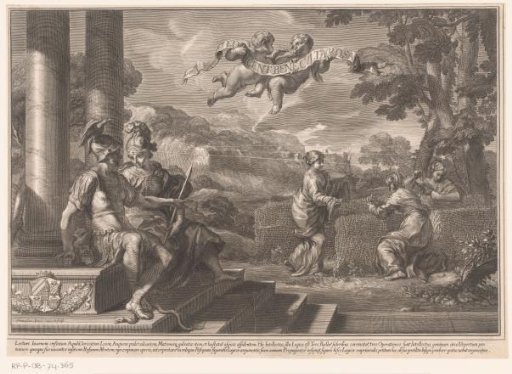 Seated personifications of Genius and Philosophy with nymphs planting roses