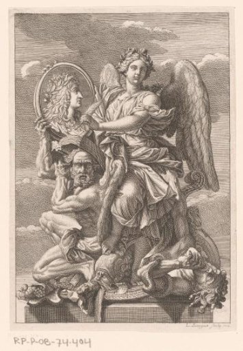Fame and Time with a portrait of a man wearing a laurel wreath
