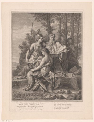 Landscape with Four Figures in Classical Garb, Including a Woman with a Mirror and a Man with Two Books