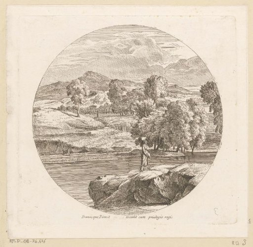 Arcadian river landscape with a young woman carrying a bundle on her head