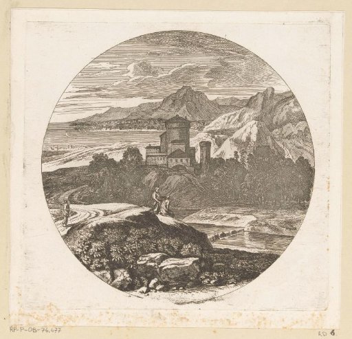 Arcadian landscape with figures on a hill and a bay in the background