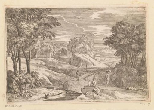 Arcadian landscape with a woman seated by a vase and other figures