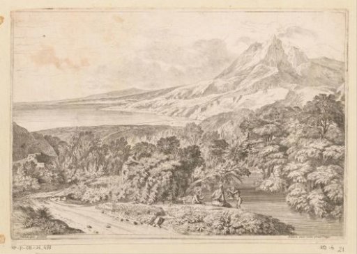 Arcadian mountain landscape with bathing figures by a stream