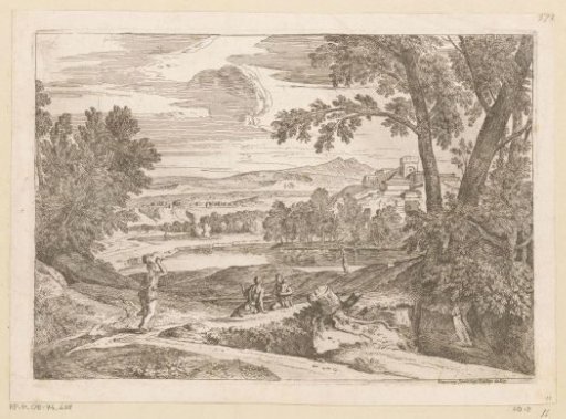 Arcadian landscape with a walking woman and a family seated along a path