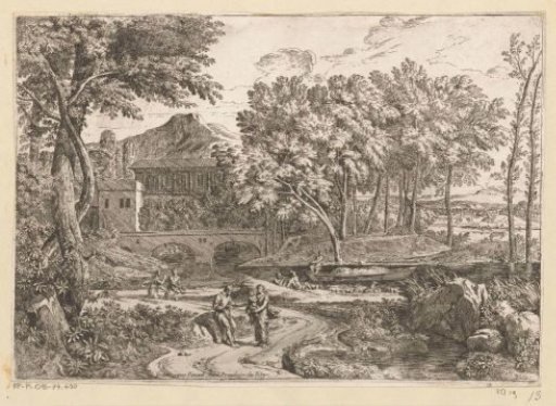 Arcadian landscape with a herd of goats at the water and a mother with child on a path with other figures
