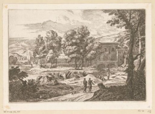 Arcadian mountain landscape with two men on a footpath