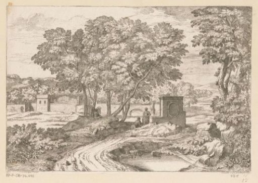 Arcadian landscape with two women by a fountain