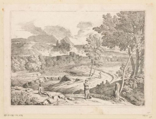 Arcadian landscape with figures along a path by a stream